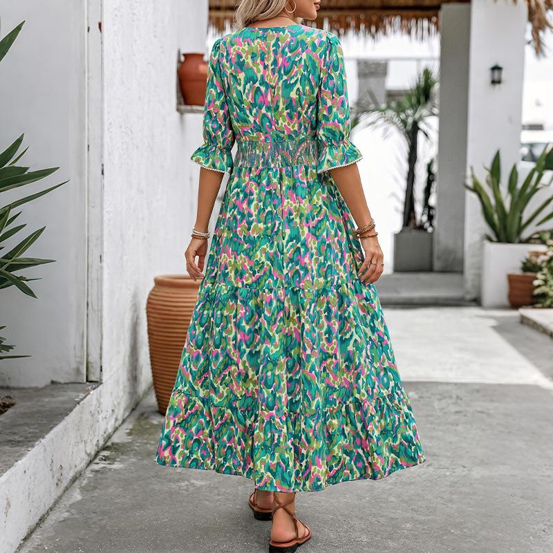 Women's Green Pink Abstract Print Tiered Maxi Dress, V Neck Half Puff Sleeve Smocked Waist Summer Casual Long Dress