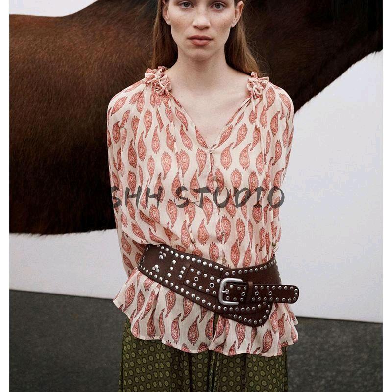 Spring New Women's Clothing French Style Retro Metallic Thread Print Temperament Long Sleeve Lapel Shirt 2505141