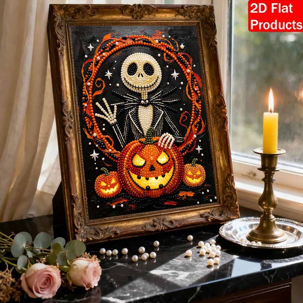 DIY Frameless Pearl Painting Kit Jack Skeleton Pumpkin Pattern 3D Shiny Bead Art Canvas Relaxing Creative Craft Gift Home Decor Wall Art
