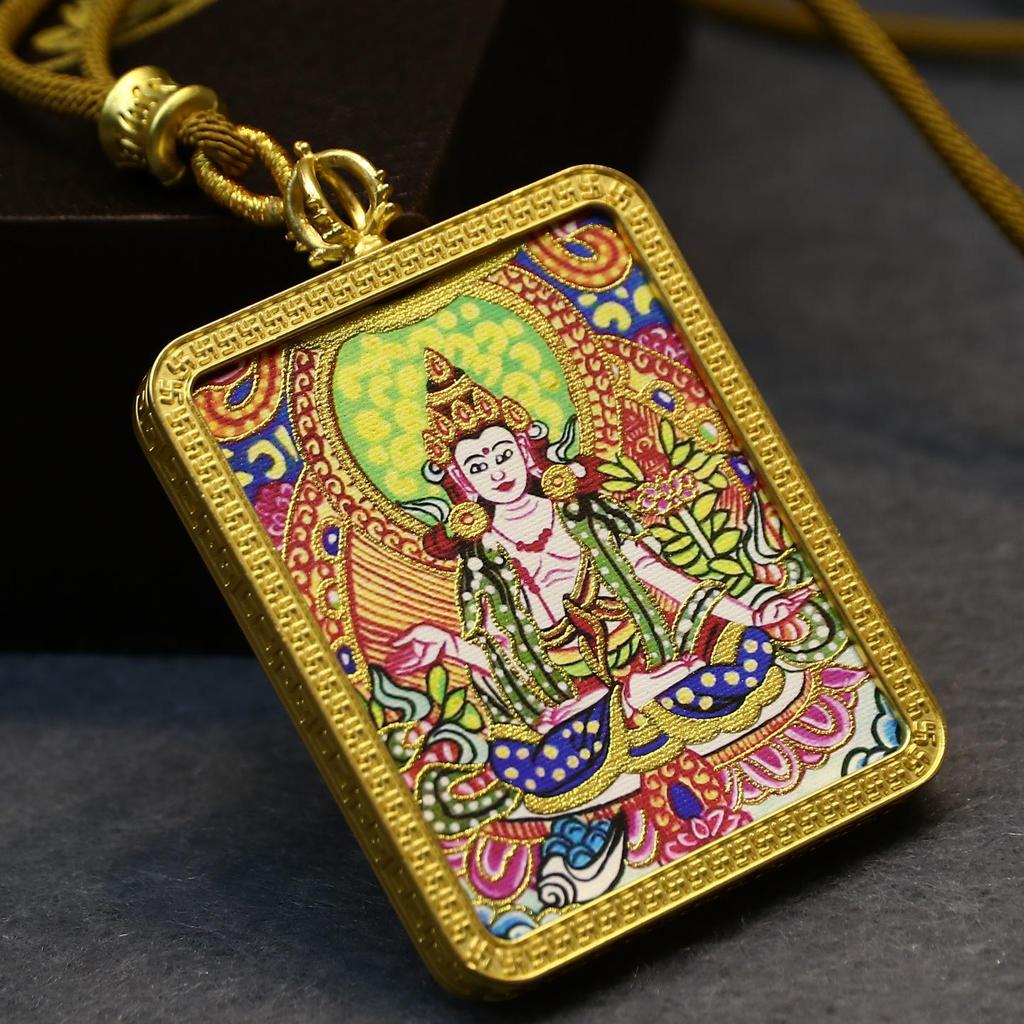Gold-Painted Tibetan Thangka Pendant with Eight Guardian Deities in Zhakiram Mahakala Gau Design