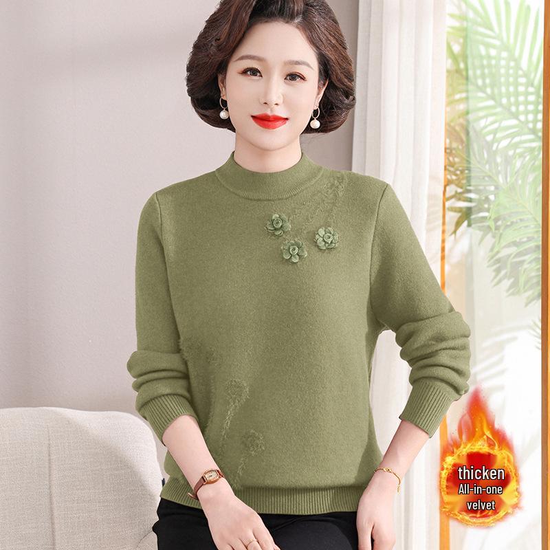 Mom's Velvet One-Piece Winter Base Layer Top for Middle-Aged & Elderly Women - Warm, Plus Velvet, Thick Knit