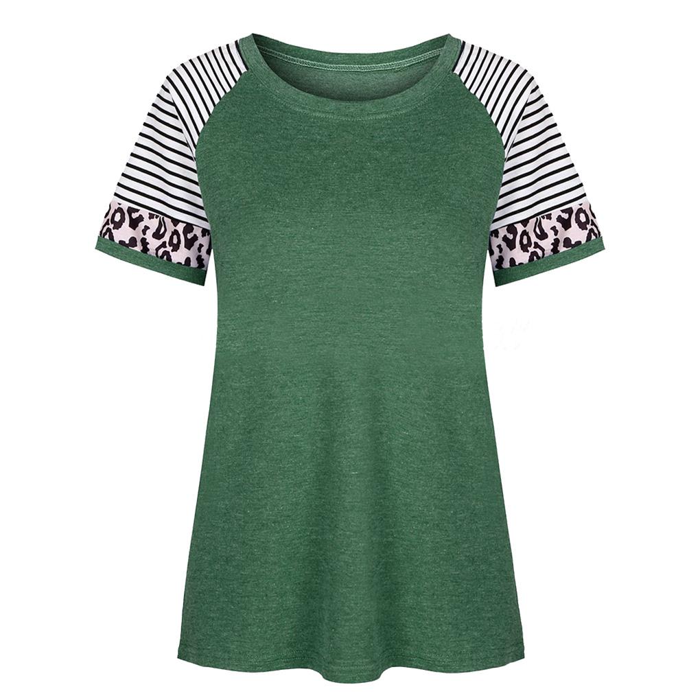 Chemise à col rond et manches courtes imprimé rayures léopard pour femme