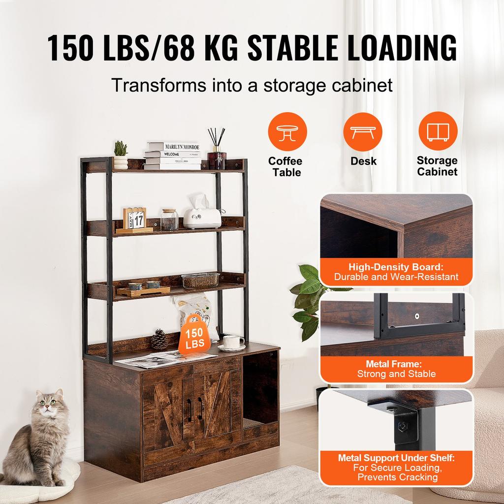 VEVOR Cat Litter Box Enclosure, Hidden Litter Box Furniture with 3 Storage Shelves, Wooden Cat Washroom Indoor