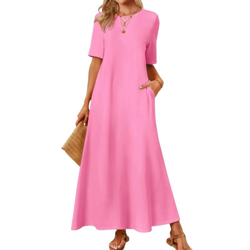 New Cross-border Women's Dress Pure Color Round Collar Pocket Short-sleeve