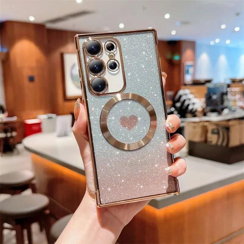 Soft TPU  For Magsafe Wireless Case For Samsung Galaxy S25 S24 S23 S22 S21 Ultra Plus Glitter Shockproof Magnetic Armor Covers