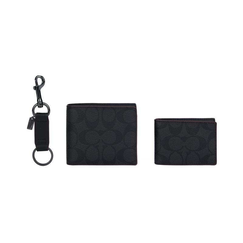 Coach Classic Presbyopia Three-in-one Cow Leather Card Holder Keychain Wallet Men's Black Black