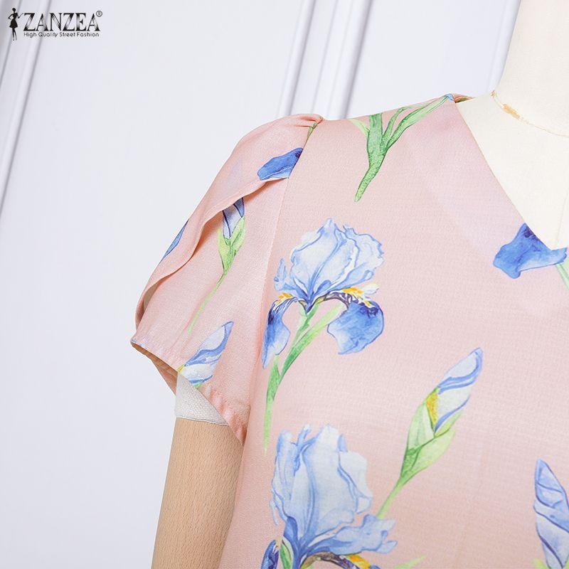 ZANZEA Women Casual V-Neck Short Sleeve Print Blouse