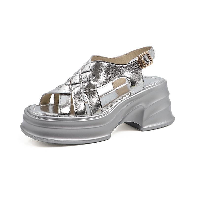 

Muffin Толстая подошва Открытый носок Дорожный ремень Легкие удобные нескользящие Простые и износостойкие женские сандалии 40 серебряный