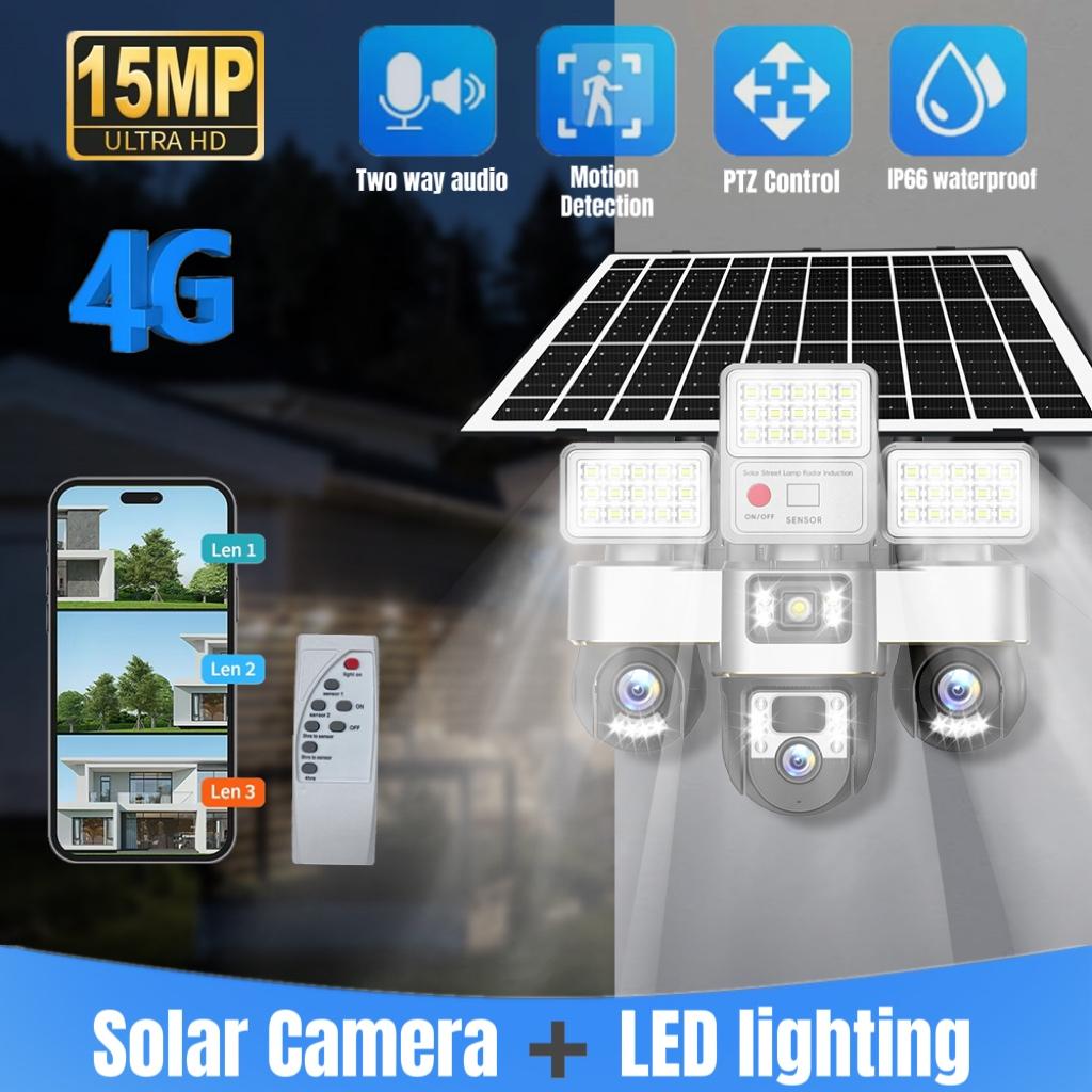 15MP Solar Security Camera – LED Light, 3-Screen Display, 4G SIM, Wireless, Remote Control Via V380 App