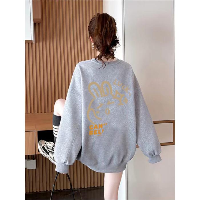 Foreign style age-reducing crew neck sweater for women's Japanese lazy style loose velvet large size cartoon printing