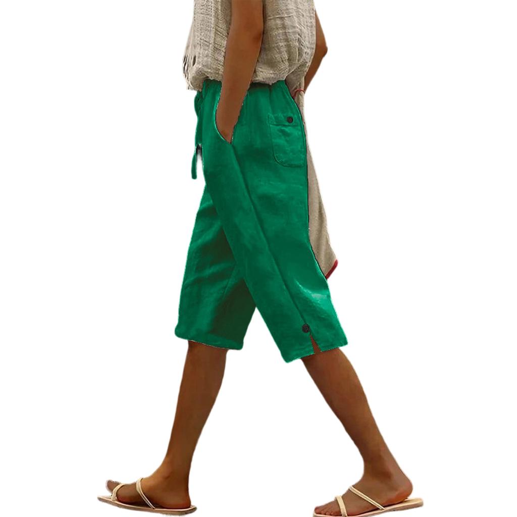 Women's Casual Fashion -Color Elastic Waistband Pocketed Wide-Leg Straight-Cut Shorts