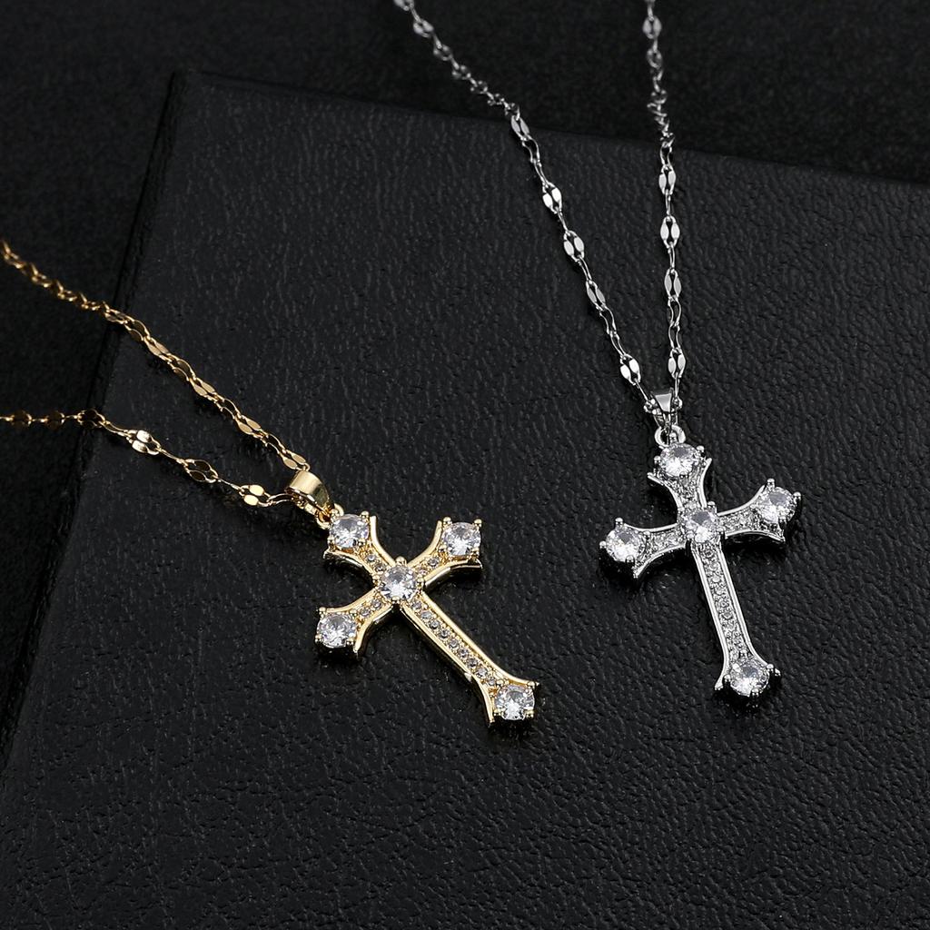 Stainless steel micro-inlaid large diamond cross necklace for women