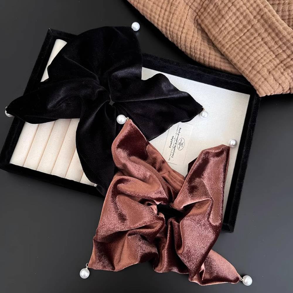 Set of 2 Velvet Ribbon BetterJonny Hair Large Hair Velvet Hair Pearl Hair Hair Gentle On Black Square Scrunchies, Accessories, Ties, Accessories,