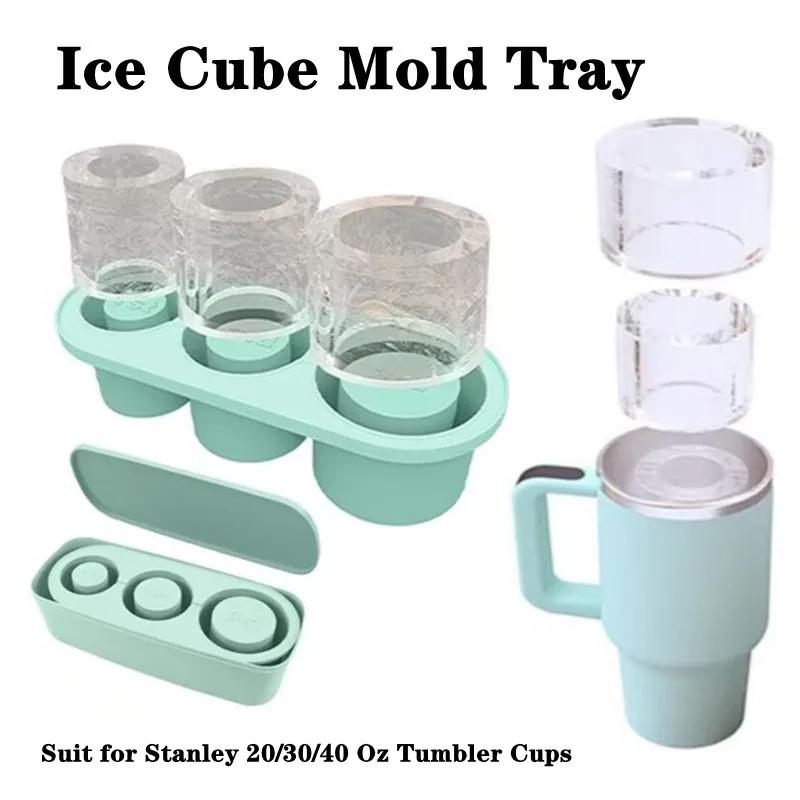 3-Grid Ice Cube Tray For Stanley 30/40 Oz Tumbler Cups Reusable Cylinder Silicone Ice Cube Molds With Lid For Drink Juice Coffee