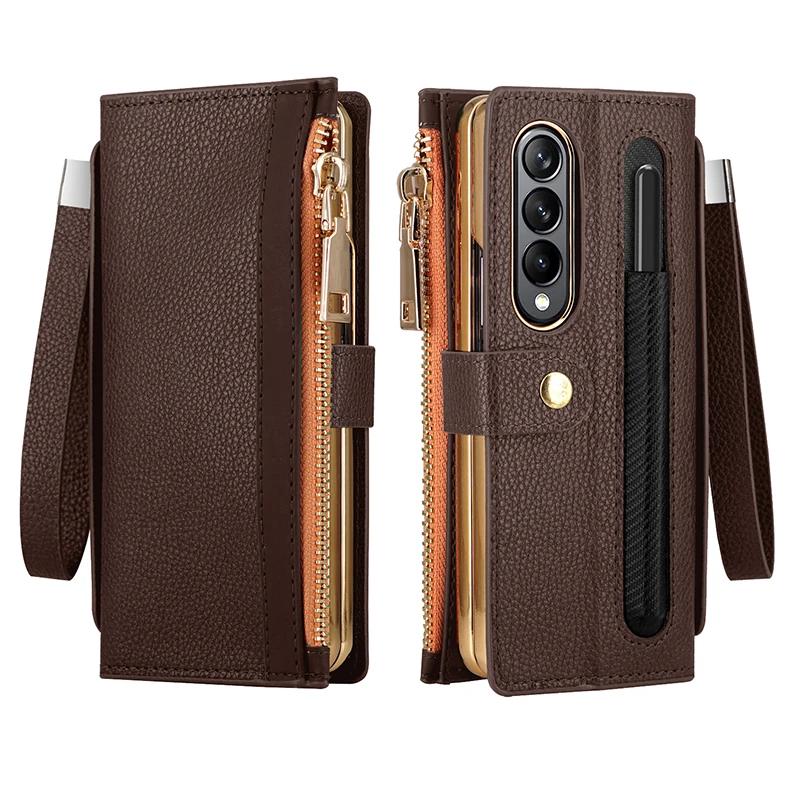 Leather Wallet Case for Samsung Galaxy Z Fold 4 3 2 5 6 ZFold4 ZFold3 Z Fold2 ZFold5 with Pen Holder Card Slot Zipper Flip Cover