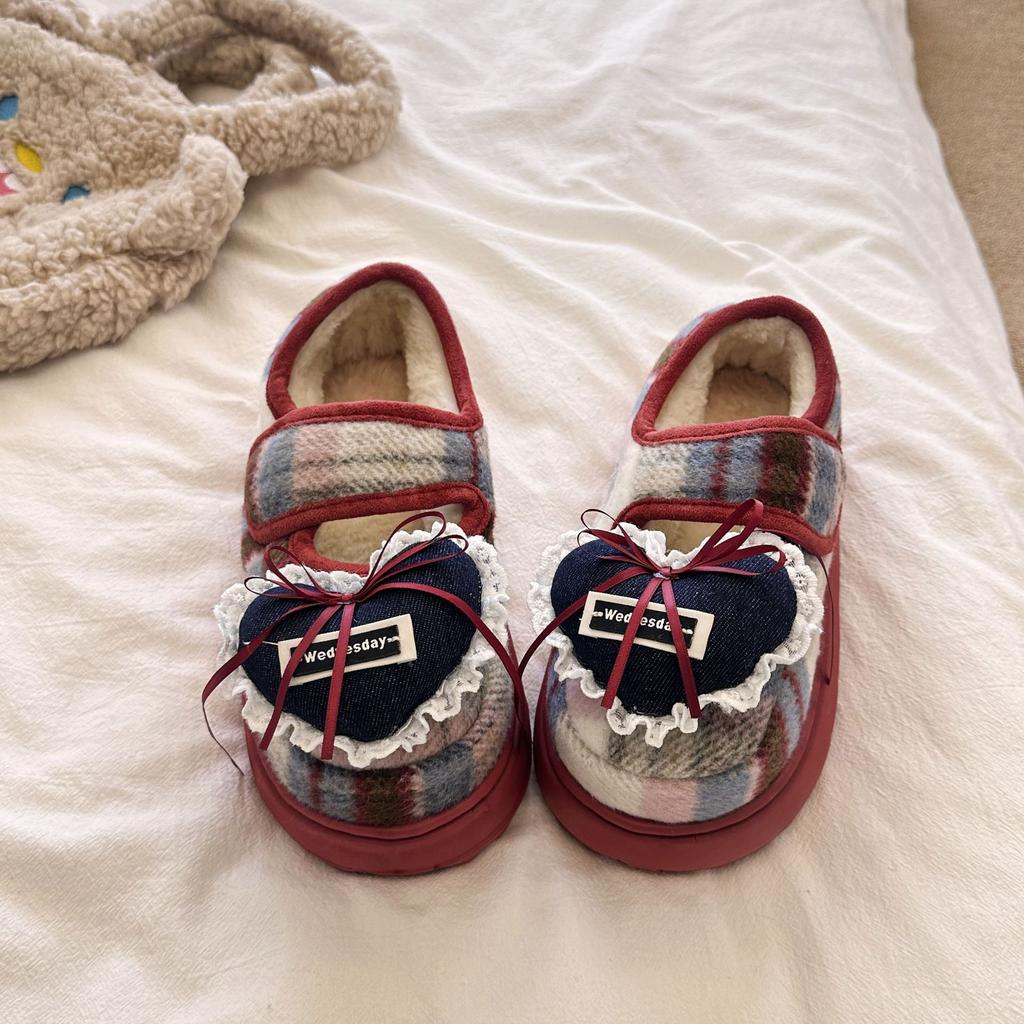 Korean version of cute Mickey plaid cotton shoes for women's 2025 new home warmth and outer wear thick-soled plush cotton shoes