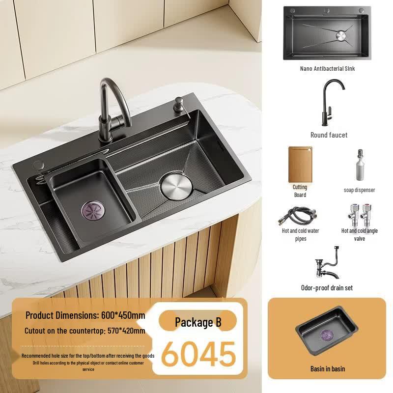 TLXT Thickened 5mm Gunmetal Grey Stainless Steel Single Bowl Kitchen Sink