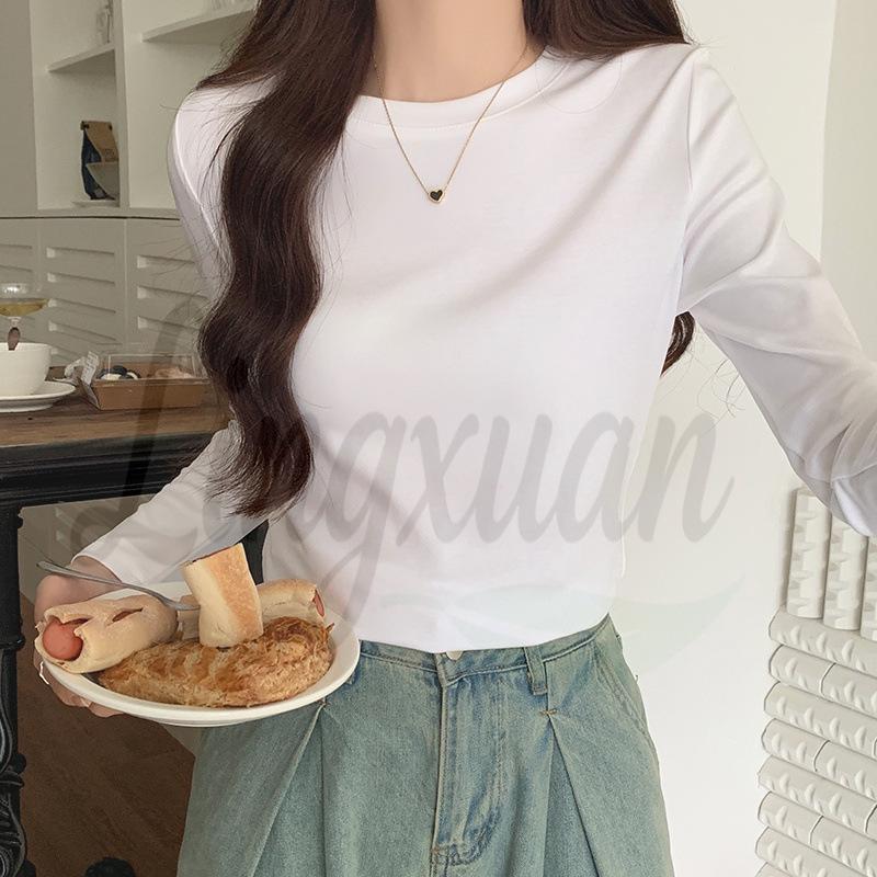 

Women s Slim Fit Long Sleeve Pure Cotton T-Shirt: Versatile Solid Color Round Neck for Autumn/Winter L белый