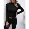 Solid Color Faux Neck Ribbed T-Shirt, Elegant Long Sleeve Slim Fit Hundred Tops for Women