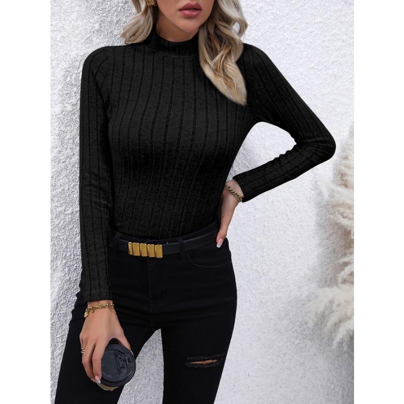 Solid Color Faux Neck Ribbed T-Shirt, Elegant Long Sleeve Slim Fit Hundred Tops for Women