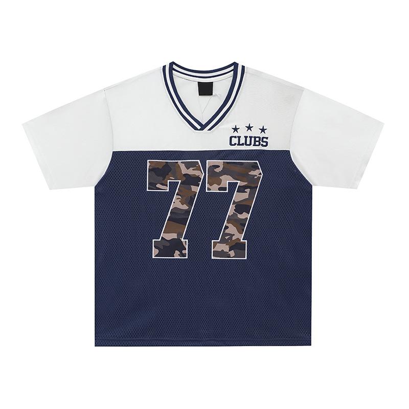 2026 American retro mesh breathable jersey short-sleeved T-shirt men s loose camouflage No. 77 digital printed top men s M синий