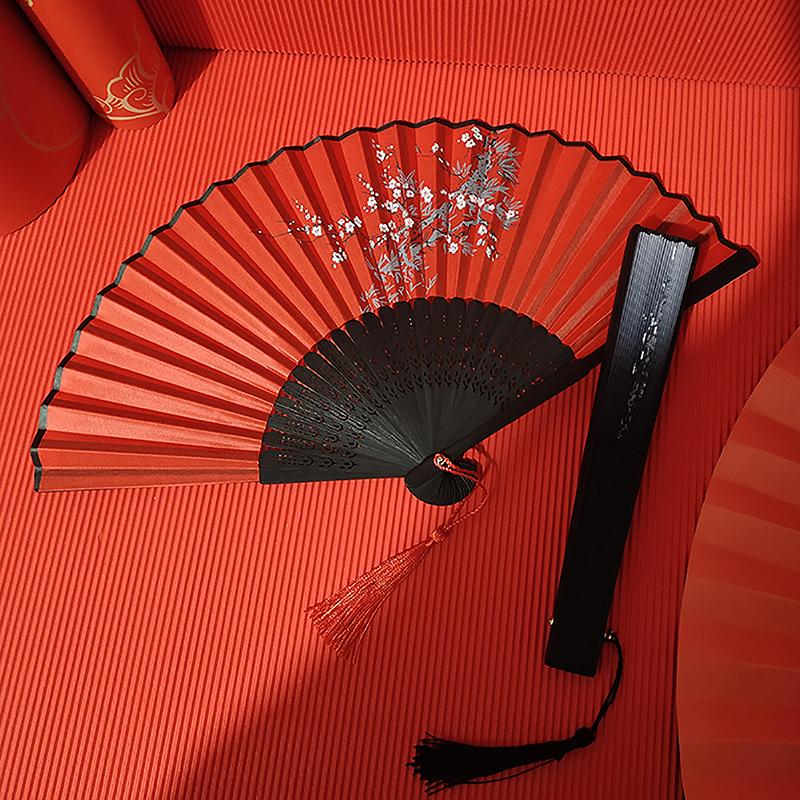 Vintage Chinese Style Folding Fan Bamboo Hand Fan Wooden Shank Classical Dance Fan With Tassel Elegent Female Fan Home Decor
