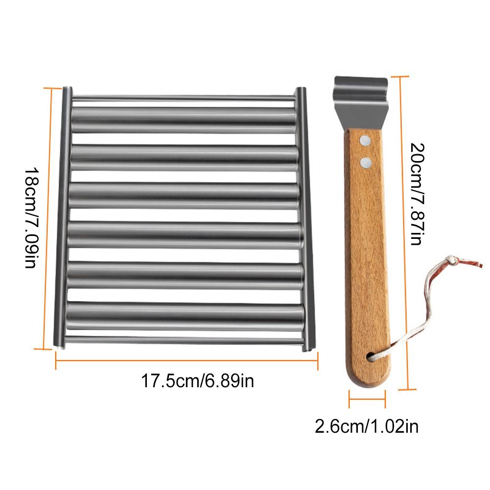 Stainless Steel Sausage Roller Rack with Extra Long Wood Handle BBQ Hot Dog Griller Sausage Corn Roller for Barbecue Party Tools