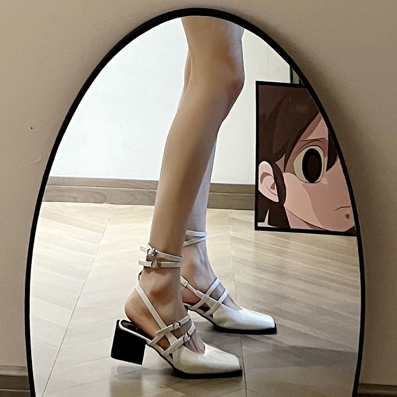 Fashion With Medium Heels Red Sandals for Women Buckles Summer 2024 Square White Ladies Shoes Footwear Daily Designer Chic and Elegant