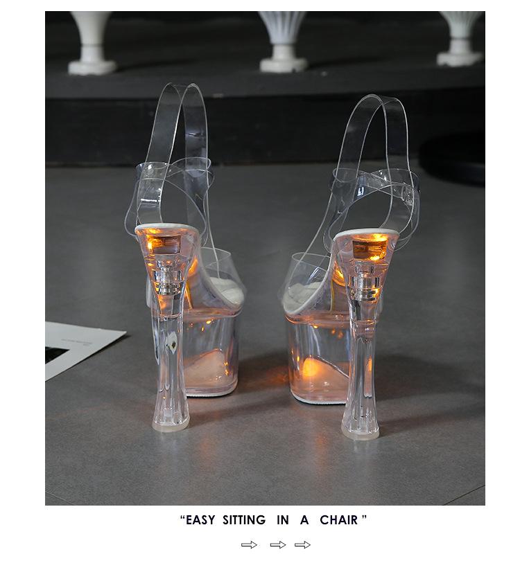 Damesandaler med LED-lys Gjennomsiktig hæl Størrelse 34-43 Tykk Høy Nattklubb Lysende Damesko Showdans Krystallsåler LFD