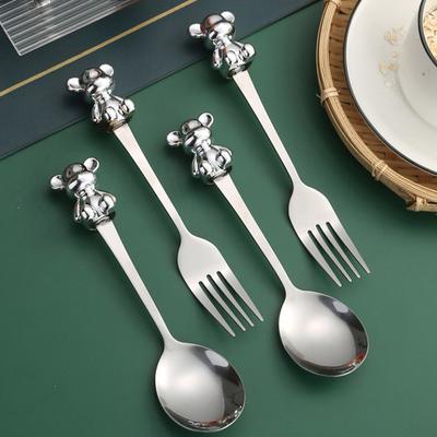 2PCS Bear Cartoon Spoon Fork Creative Fruit Fork Cute Bear Stainless Steel Spoon Western Food Spoon Soup Spoon Dessert Spoon