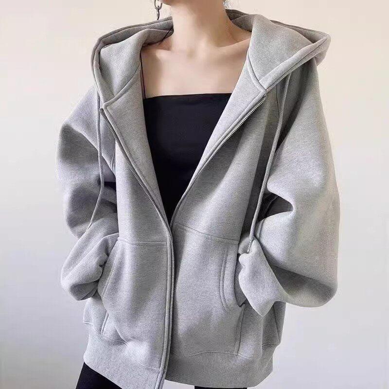 Women's Premium Navy Blue Cotton Hoodie: Fleece-Lined, Thickened, Loose Fit, Perfect for Autumn and Winter, Hooded Baseball-Style Cardigan.