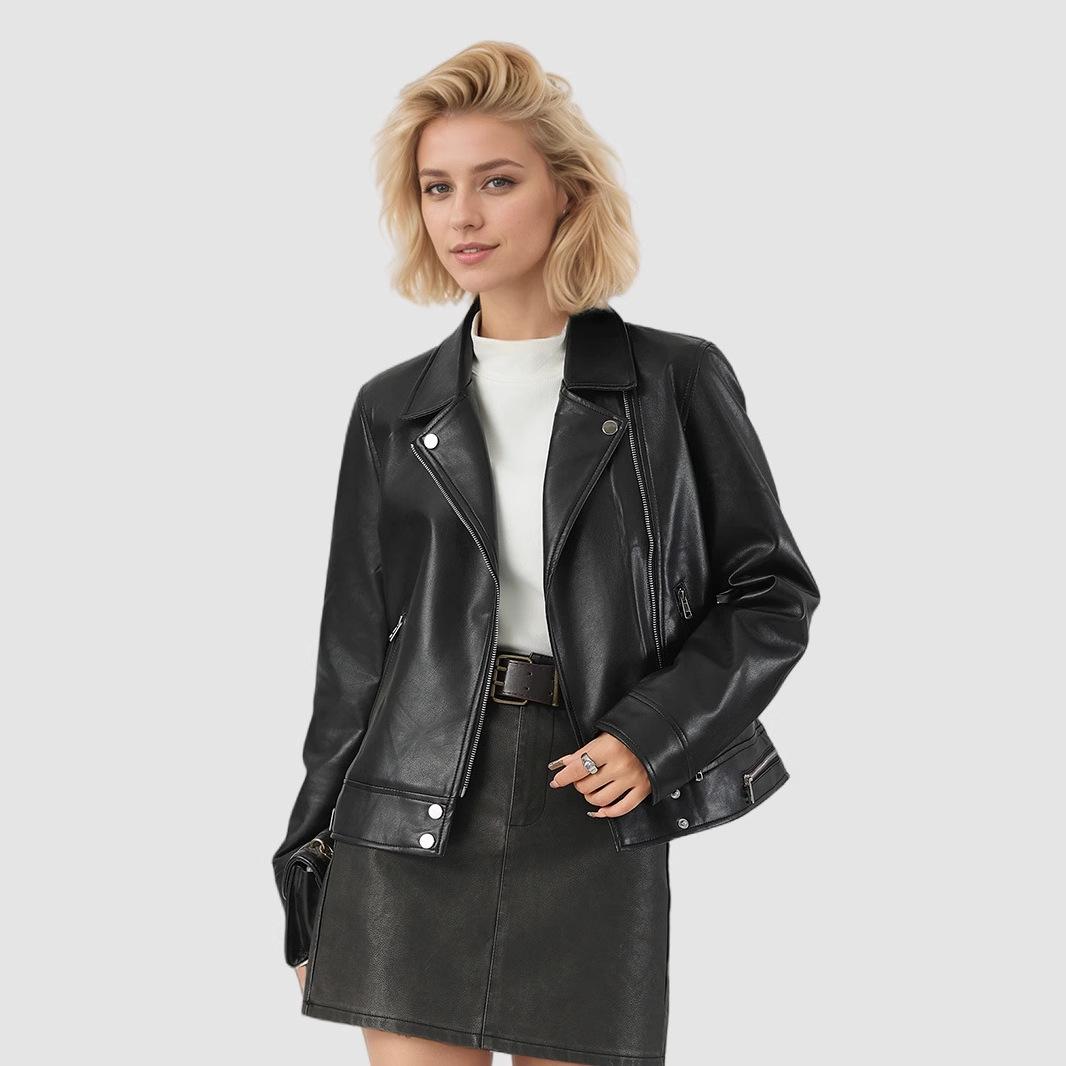 

Autumn Women s Leather Jacket Short Turn-down Collar Motorcycle Leather Jacket PU Leather Coat XL чорний