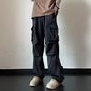 Men Cargo Pants Mid-rise Drawstring Multi Pockets Design Leisure Trousers Solid Color Wide Leg Outdoor Camping Pants Plus Size
