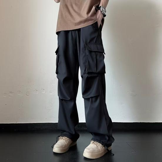 Men Cargo Pants Mid-rise Drawstring Multi Pockets Design Leisure Trousers Solid Color Wide Leg Outdoor Camping Pants Plus Size