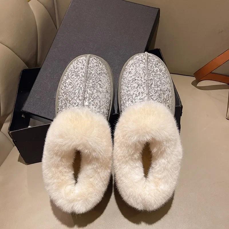 

Fashion Ladies Shoes New One Kick Women s Boots Winter Round Toe Sequins Solid Short Barrel Platform Plush Fleece for Warmth Snow Boots 36 срібний