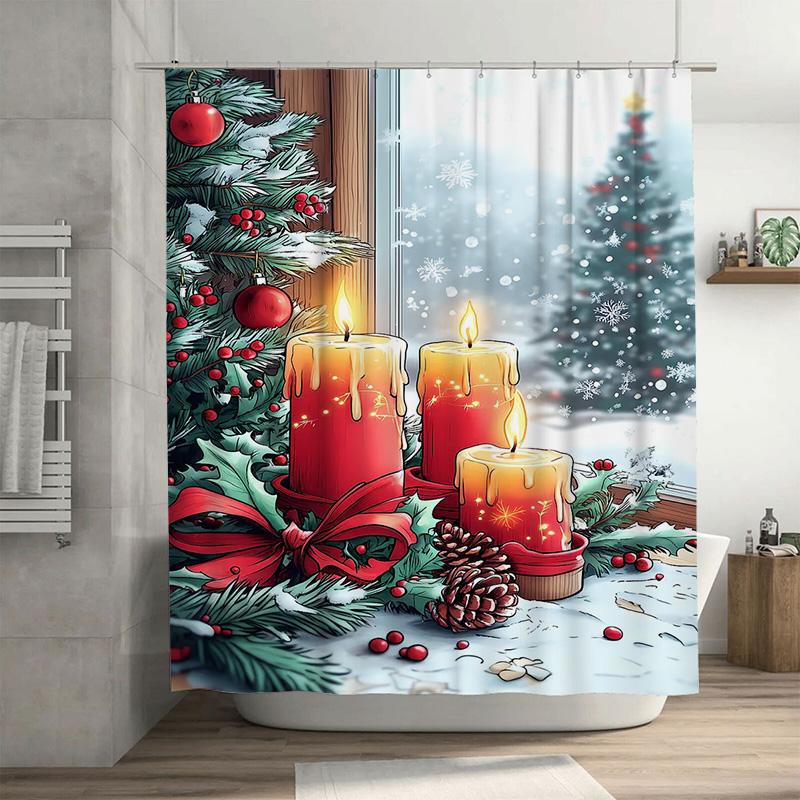 

Tuniu Festive Christmas Bathroom Decor Cozy Holiday Shower Curtain Charming Winter Scene Red Poinsettia Accent Rustic Lodge Styl W60H190(CM)-1 Pcs
