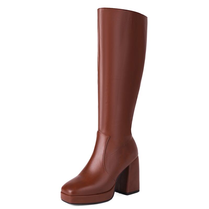 

Сапоги на платформе до колена женские сексуальные квадратные блочные каблуки на молнии осень-зима длинные сапоги красные черные белые туфли для вечеринок женские водонепроницаемые 40 коричневый