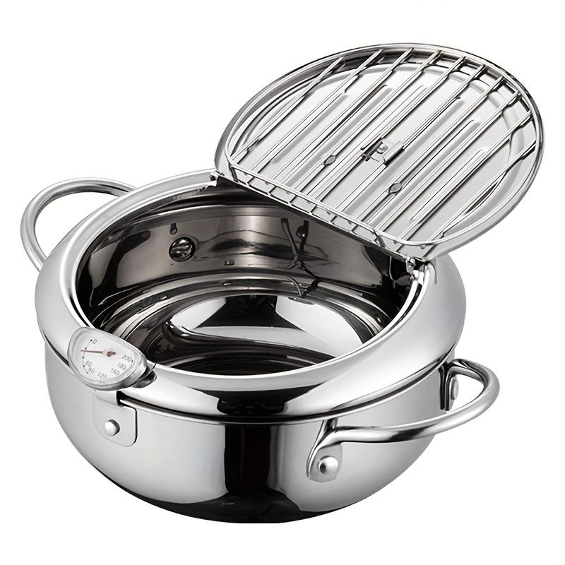 1pc 304 Stainless Steel Deep Fryer Pot, Frying Chicken Pot, Tempura Deep Fryer with A Thermometer and A Lid, Japanese Style Tempura Fryer Pan