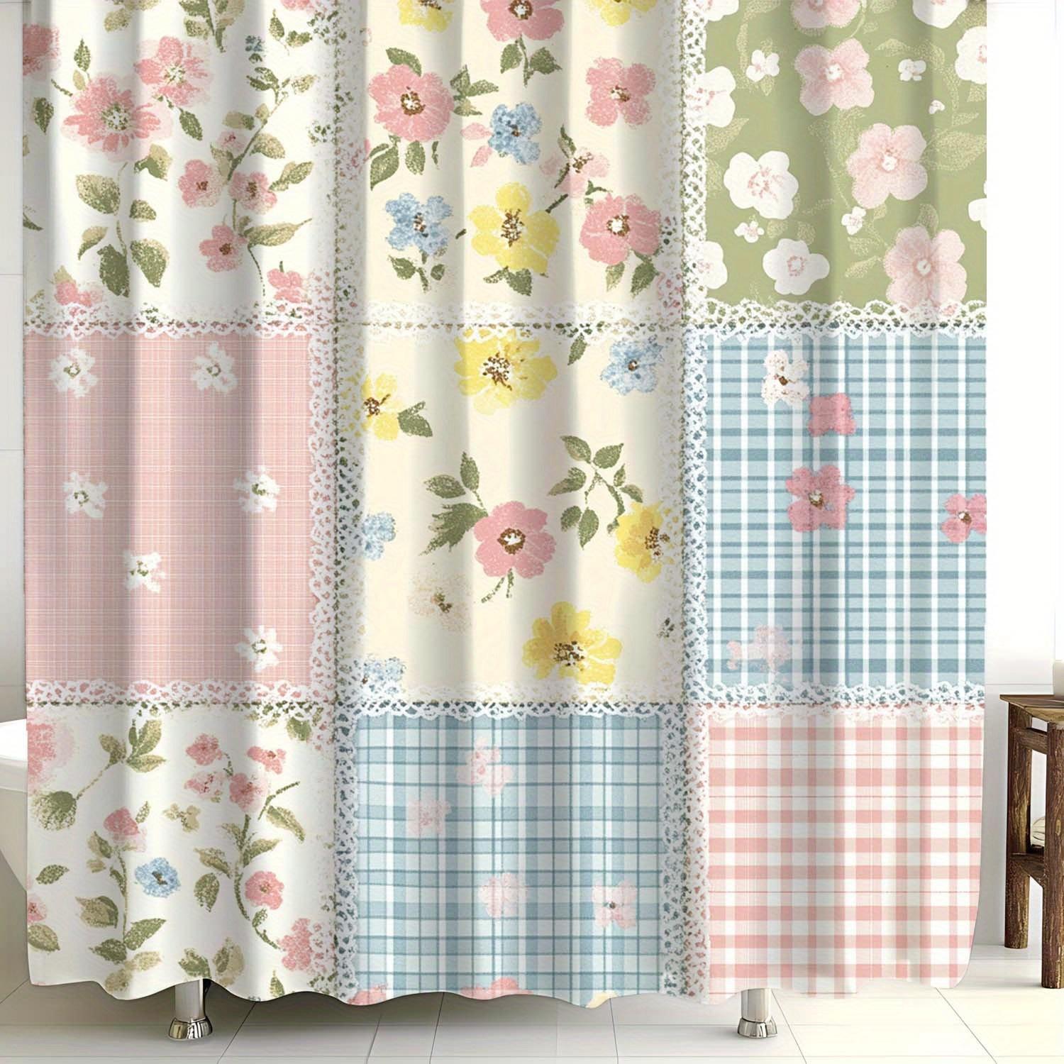 Exquisite Fashion Items Pink/Blue/Green Vintage Floral Check Shower Curtain - Polyester, Machine Washable, And White Floral Check Pattern