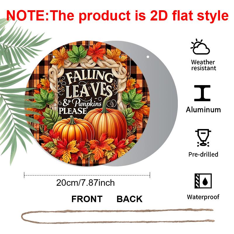 2D Flat, 1pc Round Aluminum Festive Fall Leaves & Pumpkins Wall Sign, Vintage Aluminium Decor for Home, Kitchen, Office, Garden, Garage, Christmas