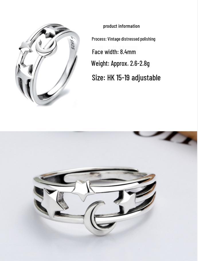 CaiYi S925 Sterling Silver Star & Moon Korean Style Ring for Women – Unique Design, Hollow Star Moon Index Finger Ring