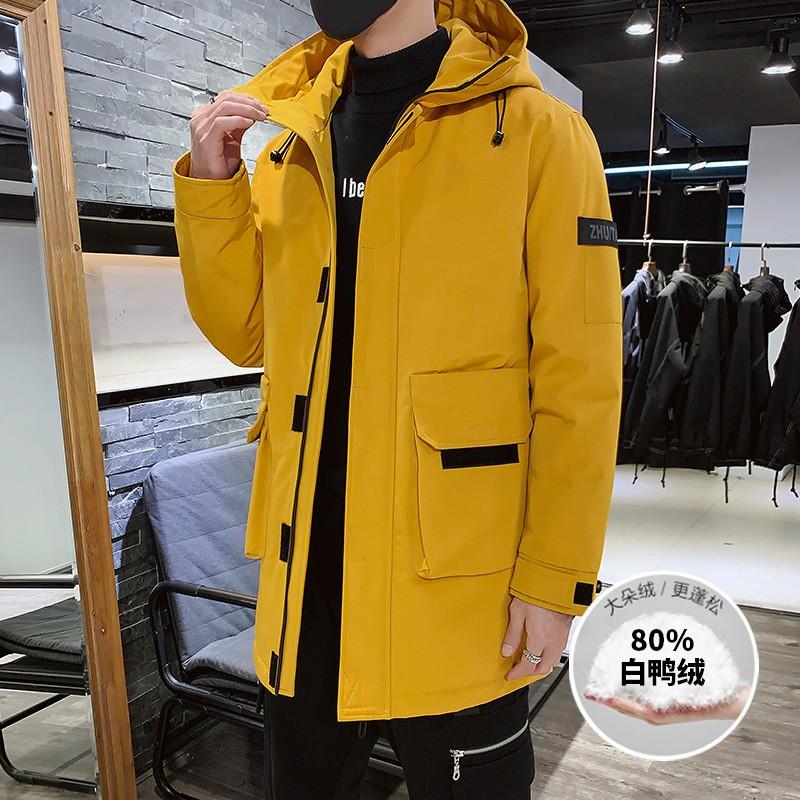 Mens Winter Long Puffer Jacket With Hood Warm White Duck Down Filled Loose Fit Casual Outerwear Cold Weather