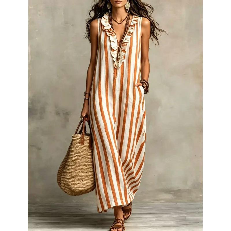 European and American cross-border women's clothing Amazon 2026 new bohemian temperament vertical striped V-neck pocket sleeveless long dress