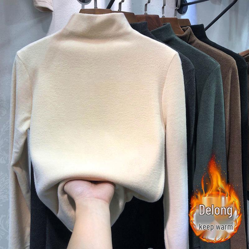 Women's Slim Fit High Neck Plush Long Sleeve T-Shirt - Autumn/Winter Versatile Base Layer