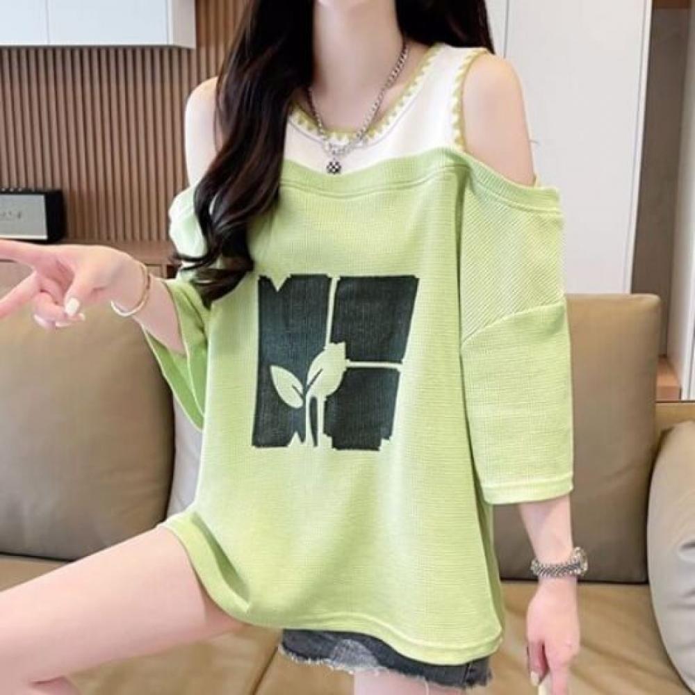 Navava Women PrinTing Color Off Shoulder ShorT Sleeve T shirT nT2569