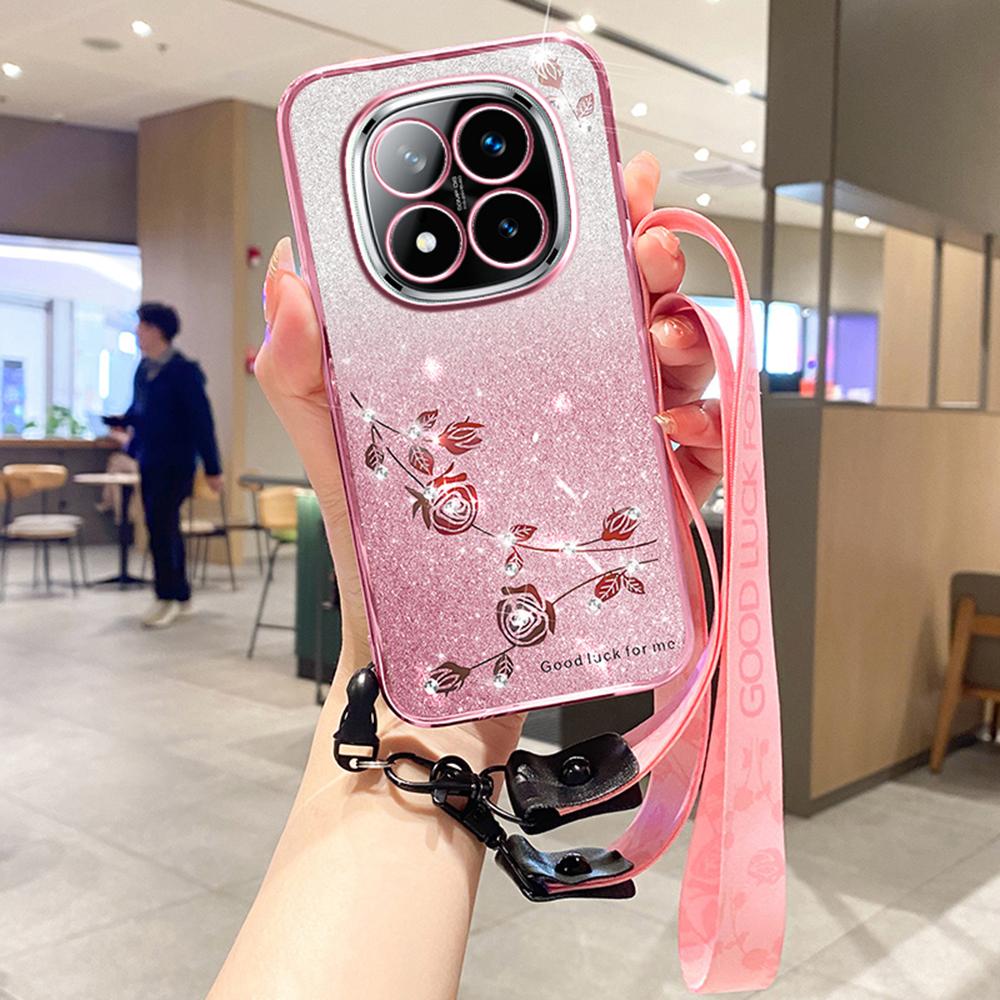 

For Xiaomi Redmi Note 14 Pro+ 5G Case Flower Pattern TPU Gradient Phone Cover with Lanyards Purple