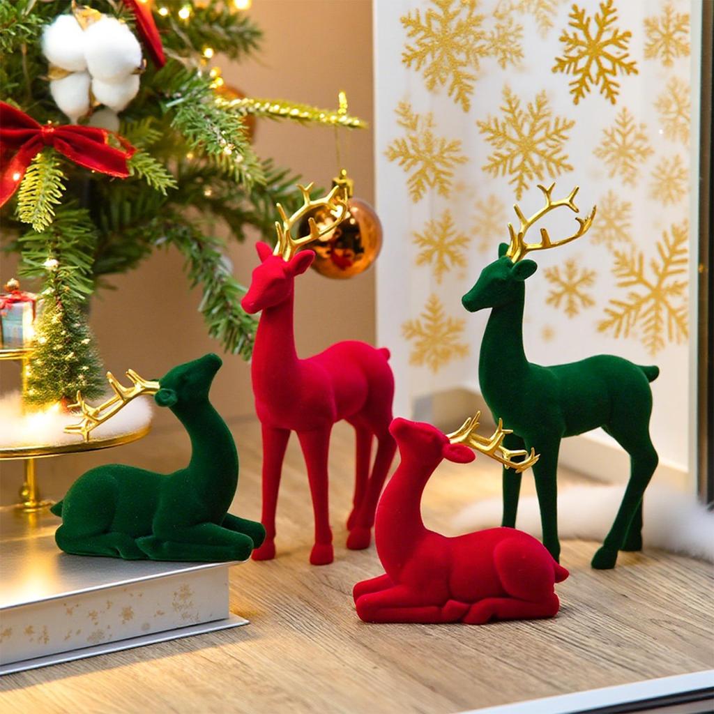 Christmas Reindeer Flocking Christmas Animals 2 Pieces Standing Sitting Sculpture Red Green Aesthetic Elk for Party Bedside