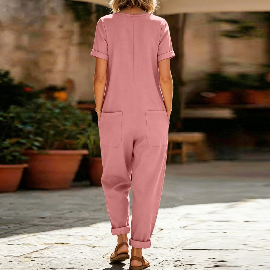 Women's Color Casual Short Sleeved Loose Pocket Overalls Long Jumpsuit
