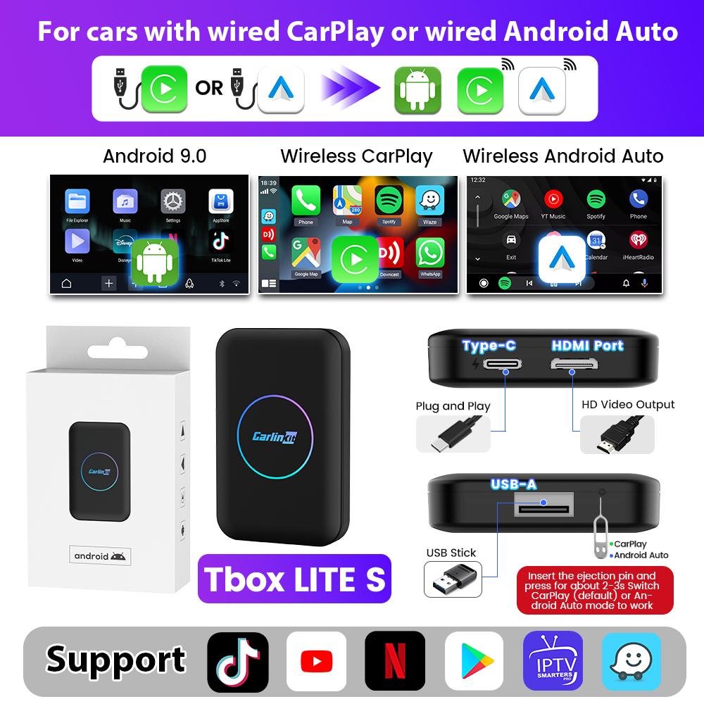 2026 CarlinKit HDMI Android Ai Box Wireless Carplay Android Auto For Youtube Netflix IPTV 5 IN 1 WIFI 5GHZ USB A Plug And Play