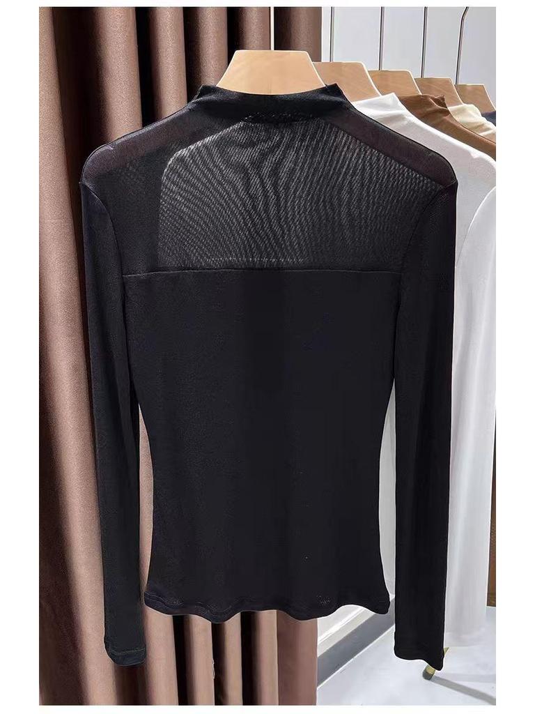 Women's Semi-High Neck Lace Mesh Top - Solid Color, Early Autumn 2025 Collection.